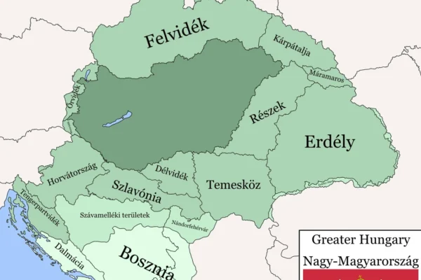 Карта Великої Угорщини з кордонами, що нагадують про історичну імперію